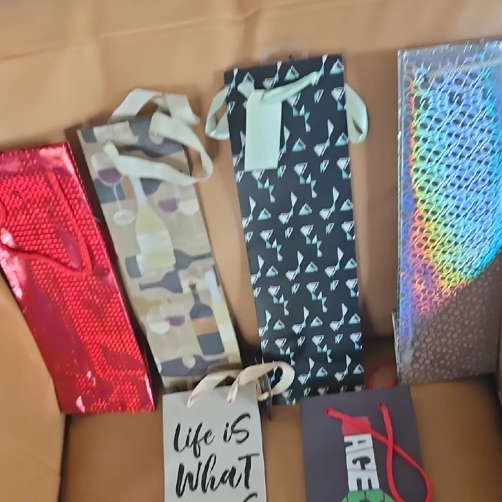 Set of 6 Assorted Wine Gift Bags - Red, Black, White, and Gray.